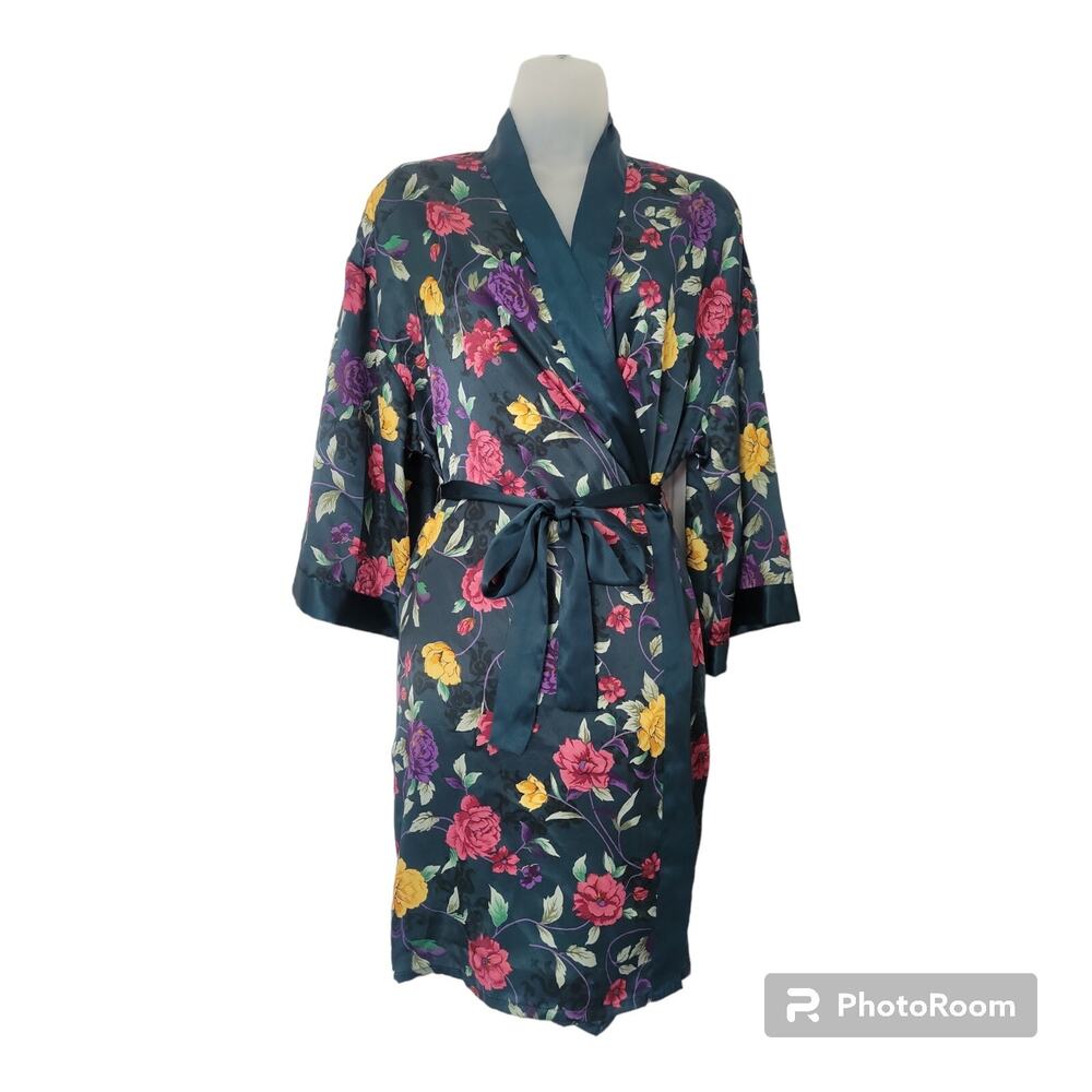 Vtg Amanda Stewart Sz SM Intimates Robe Floral EUC Emerald Green Bridal Wedding